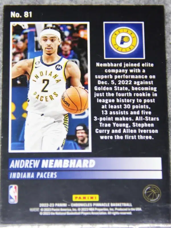 2022-23 Andrew Nembhard #81 Panini Chronicles Pinnacle RC - back