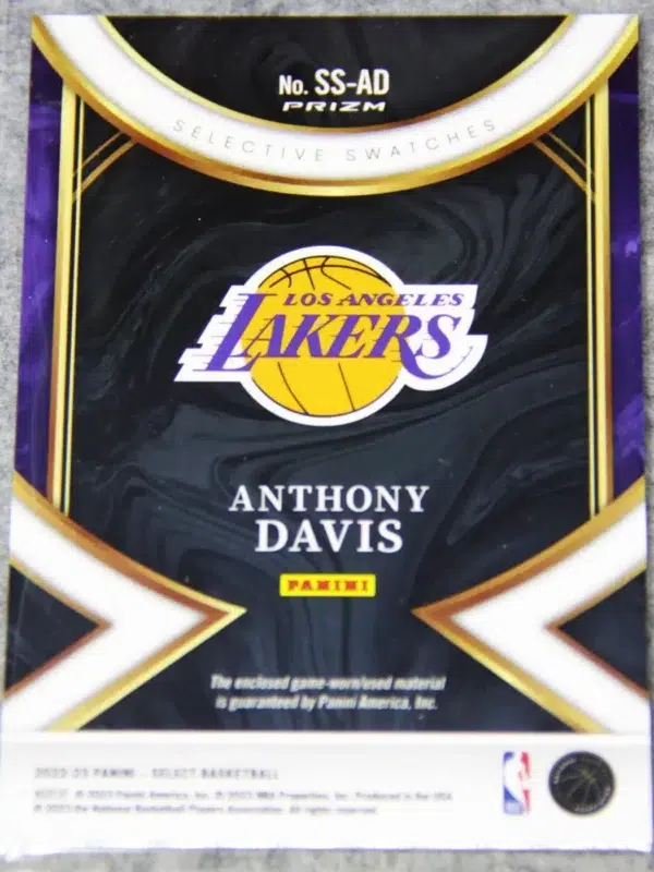 2022-23 Anthony Davis #SS-AD Panini Select Selective Swatches Silver Prizm - back