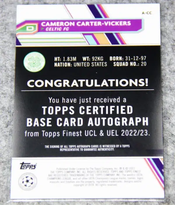 2022-23 Cameron Carter-Vickers #A-CC Topps Finest UEFA Champions League Autograph - back