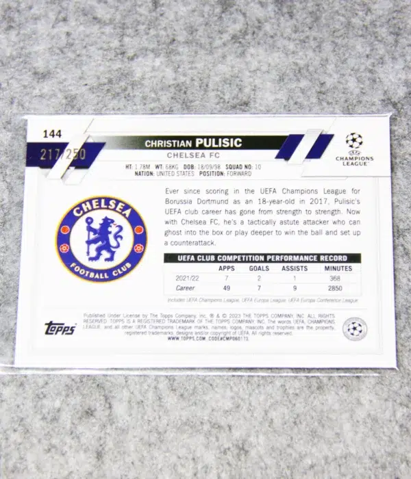 2022-23 Christian Pulisic #144 Topps Chrome UEFA Champions League Pink Shimmer Refractor SN#217 - back