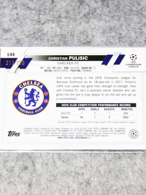2022-23 Christian Pulisic #144 Topps Chrome UEFA Champions League Pink Shimmer Refractor SN#217 - back