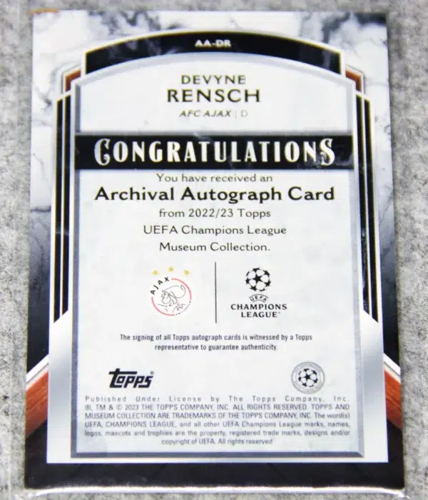 2022-23 Devyne Rensch #AA-DR Topps UEFA Champions League Museum Collection Archival Autographs SN#155 - back