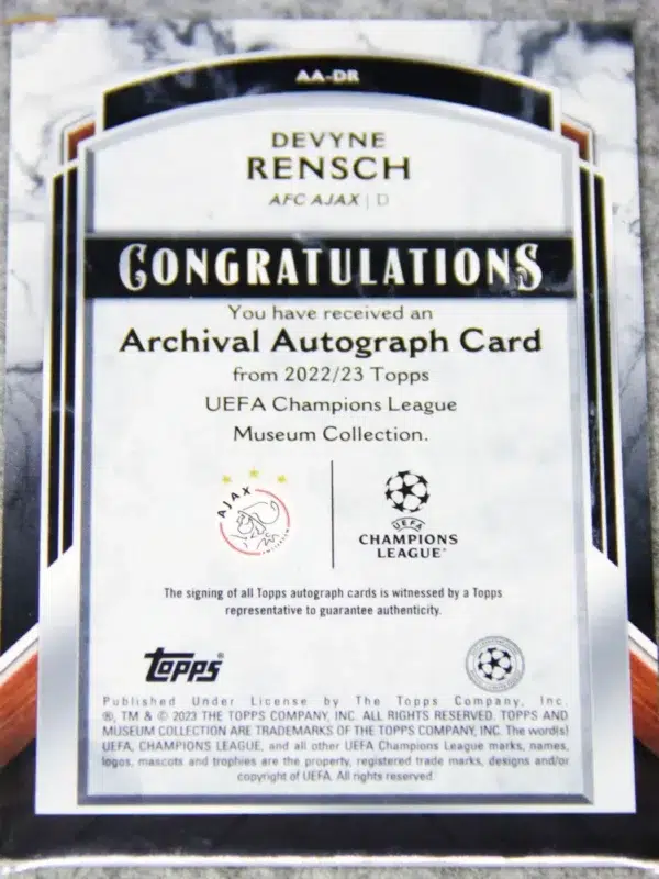 2022-23 Devyne Rensch #AA-DR Topps UEFA Champions League Museum Collection Archival Autographs SN#155 - back