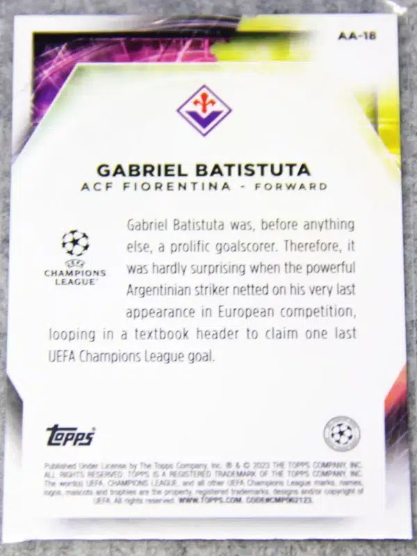 2022-23 Gabriel Batistuta #AA-18 Topps Merlin UEFA Champions League Ageless Alchemy - back