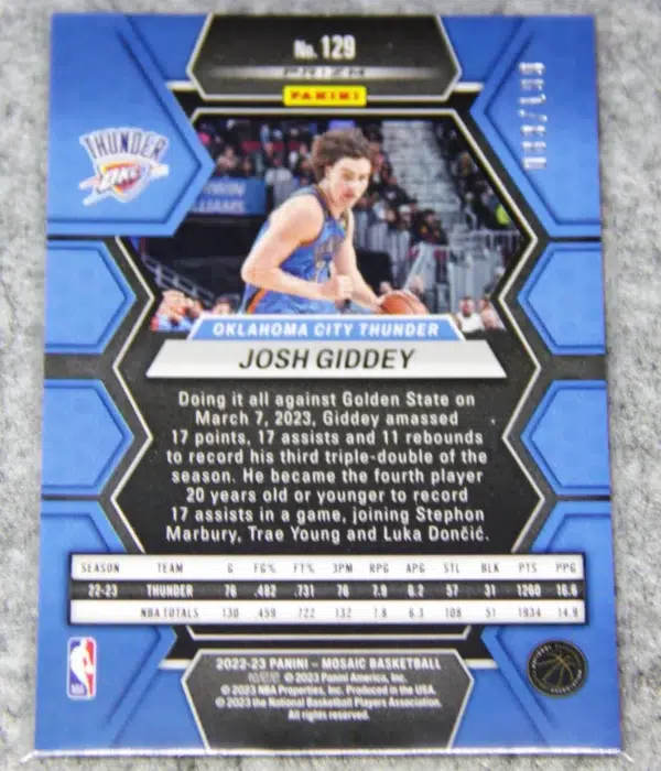 2022-23 Josh Giddey #129 Panini Mosaic Blue Prizm SN#89 - back