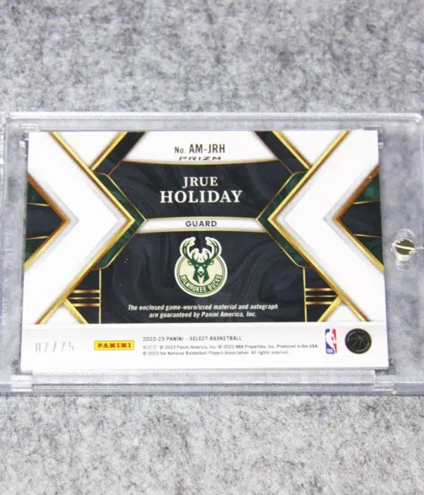 2022-23 Jrue Holiday #AM-JRH Panini Select Autographed Memorabilia Purple Prizm SN#7 - back