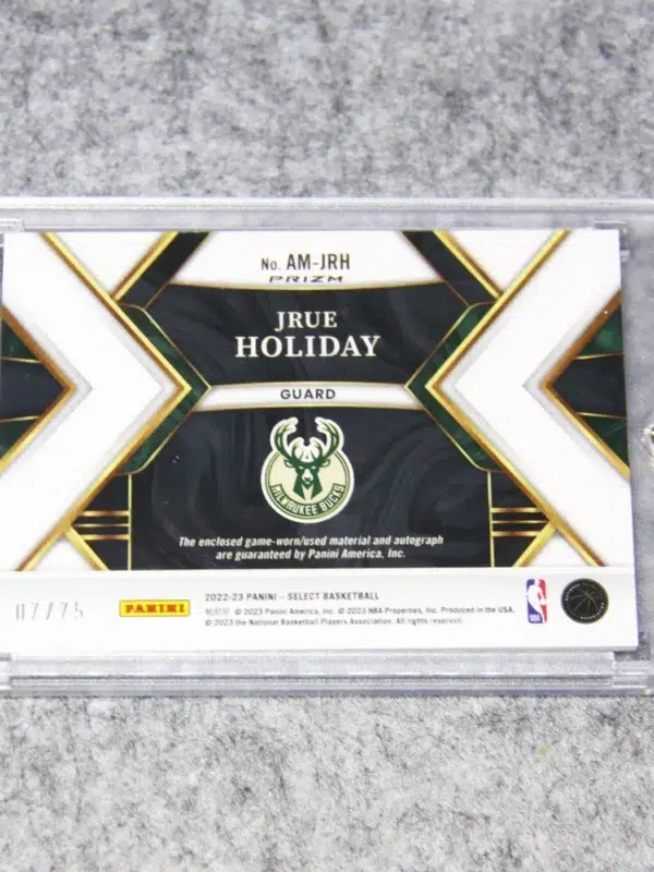 2022-23 Jrue Holiday #AM-JRH Panini Select Autographed Memorabilia Purple Prizm SN#7 - back