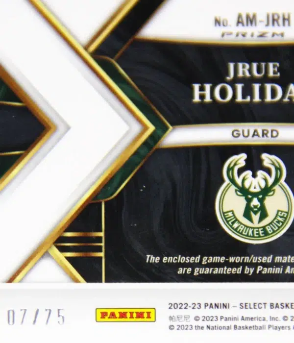 2022-23 Jrue Holiday #AM-JRH Panini Select Autographed Memorabilia Purple Prizm SN#7 - detail