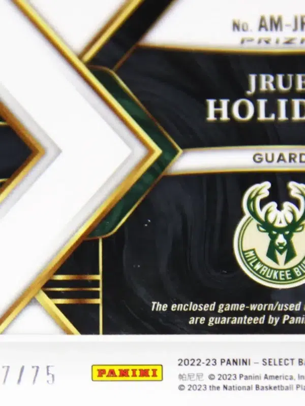 2022-23 Jrue Holiday #AM-JRH Panini Select Autographed Memorabilia Purple Prizm SN#7 - detail