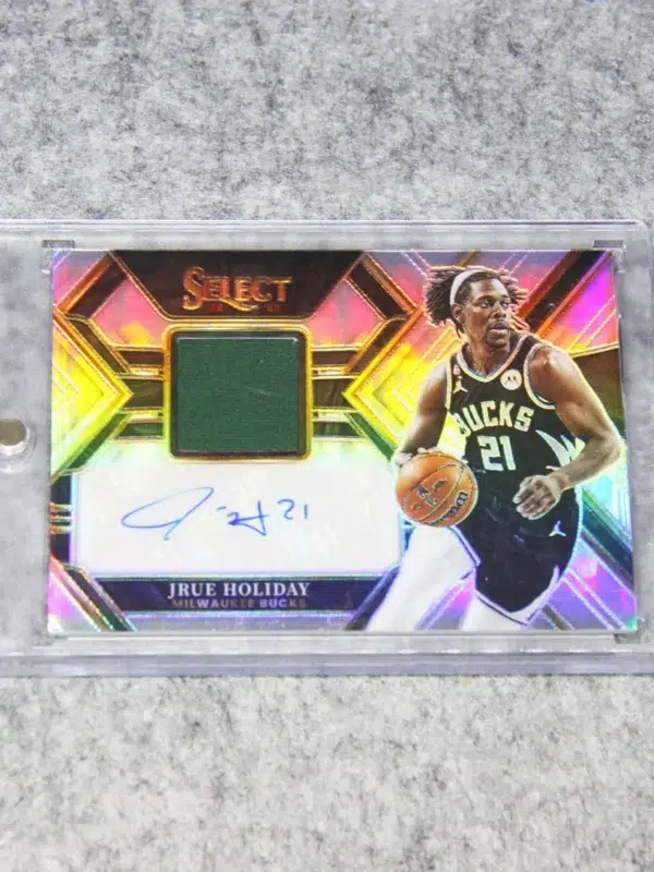 2022-23 Jrue Holiday #AM-JRH Panini Select Autographed Memorabilia Purple Prizm SN#7 - front