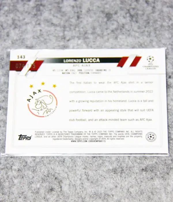 2022-23 Lorenzo Lucca #143 Topps UEFA Club Competitions Pink Mini-Diamond Refractor RC SN#74 - back