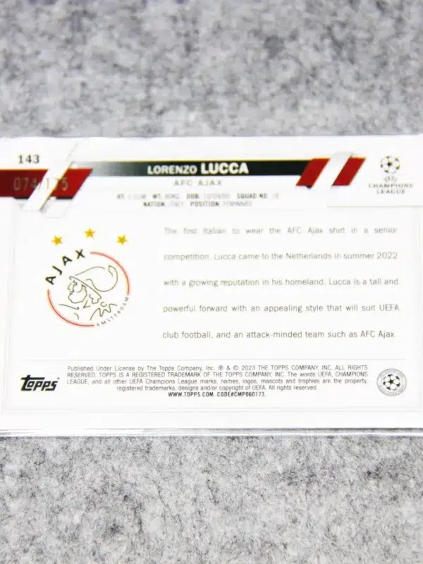 2022-23 Lorenzo Lucca #143 Topps UEFA Club Competitions Pink Mini-Diamond Refractor RC SN#74 - back