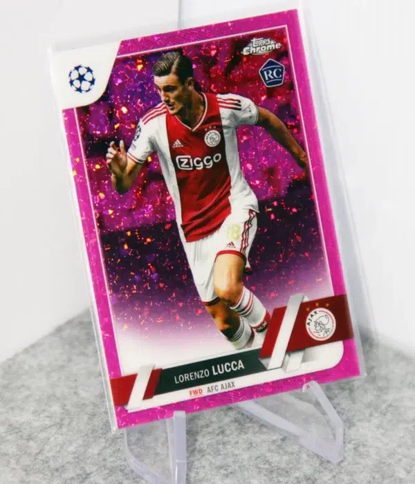 2022-23 Lorenzo Lucca #143 Topps UEFA Club Competitions Pink Mini-Diamond Refractor RC SN#74 - stand