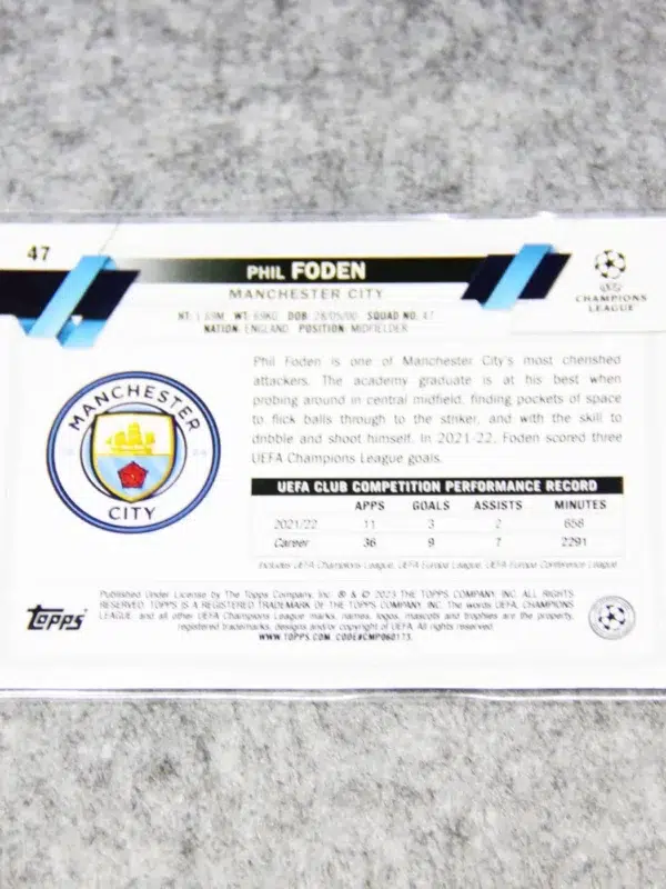 2022-23 Phil Foden #47 Topps Chrome UEFA Club Competitions Purple & Gold Seismic Refractor - back