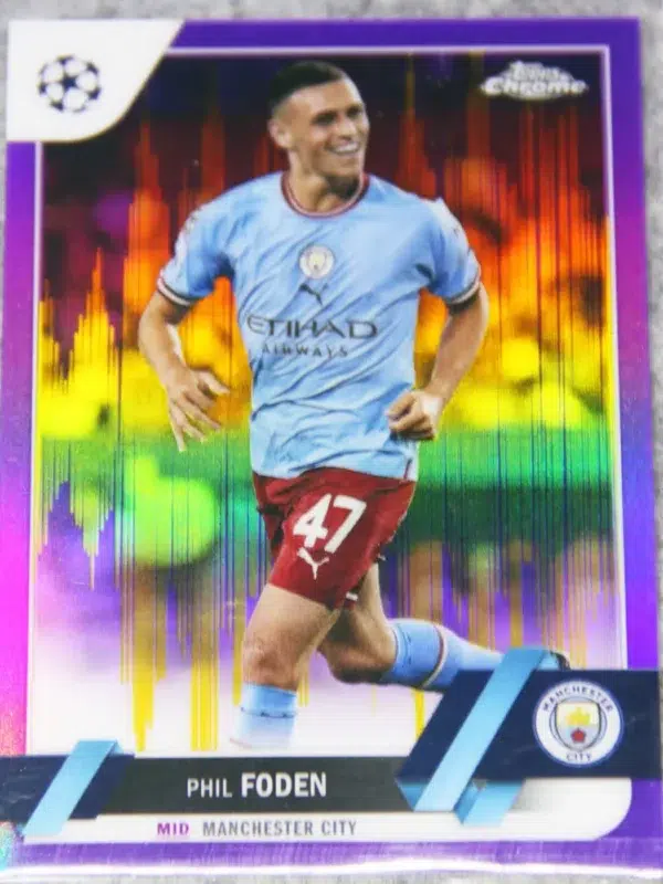 2022-23 Phil Foden #47 Topps Chrome UEFA Club Competitions Purple & Gold Seismic Refractor - front