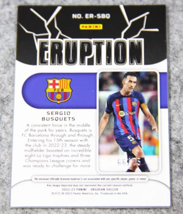 2022-23 Sergio Busquets #ER-SBQ Panini Obsidian Eruption Relic Electric Etch Orange SN#66 - back
