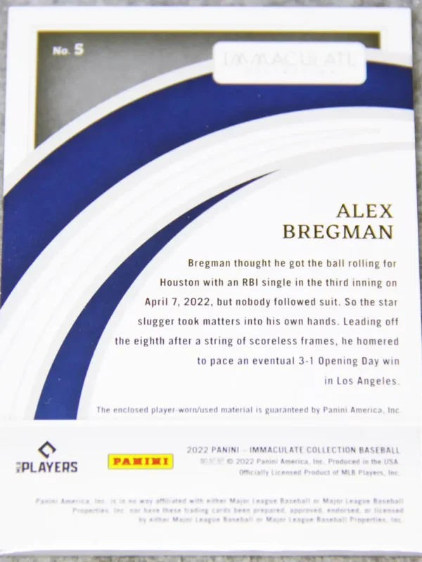 2022 Alex Bregman #5 Panini Immaculate Collection Red Parallel Patch SN#22 - back