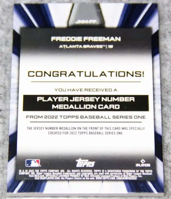 2022 Freddie Freeman #JNM-FF Topps Series 1 Commemorative Jersey Number Medallion - back