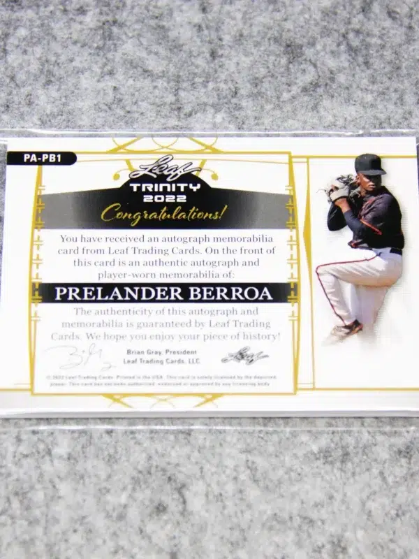 2022 Prelander Berroa #PA-PB1 Leaf Trinity Baseball Patch Autograph RC SN#35 - back