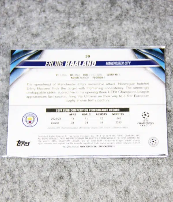 2023-24 Erling Haaland #39 Topps Chrome UEFA Club Competitions Aqua Wave Refractor SN#46 - back