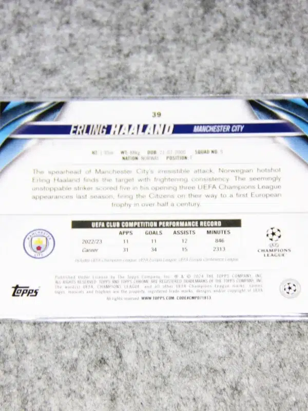 2023-24 Erling Haaland #39 Topps Chrome UEFA Club Competitions Aqua Wave Refractor SN#46 - back
