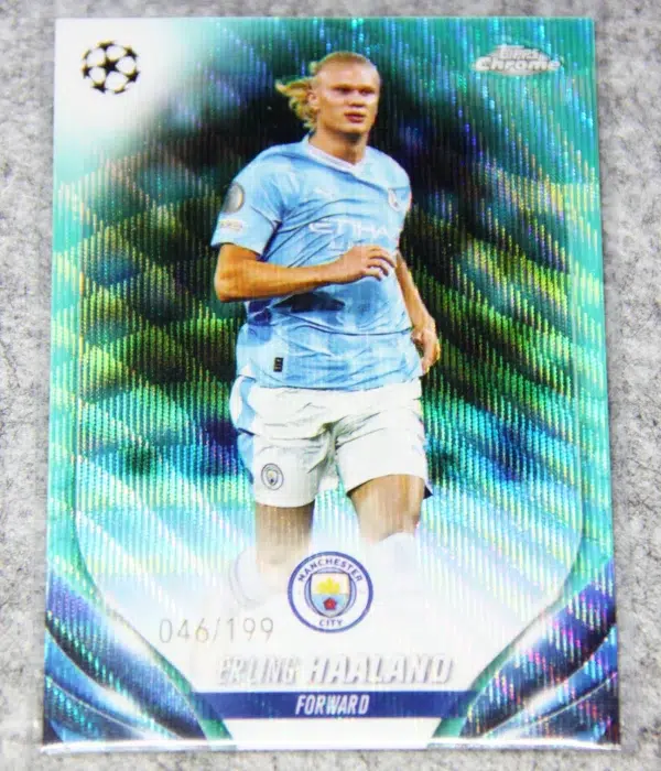 2023-24 Erling Haaland #39 Topps Chrome UEFA Club Competitions Aqua Wave Refractor SN#46 - front