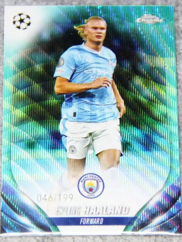 2023-24 Erling Haaland #39 Topps Chrome UEFA Club Competitions Aqua Wave Refractor SN#46 - front