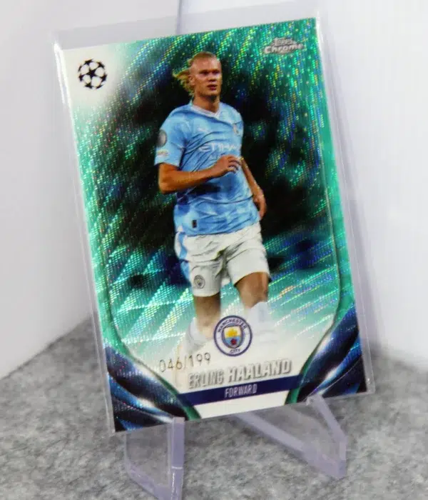 2023-24 Erling Haaland #39 Topps Chrome UEFA Club Competitions Aqua Wave Refractor SN#46 - stand