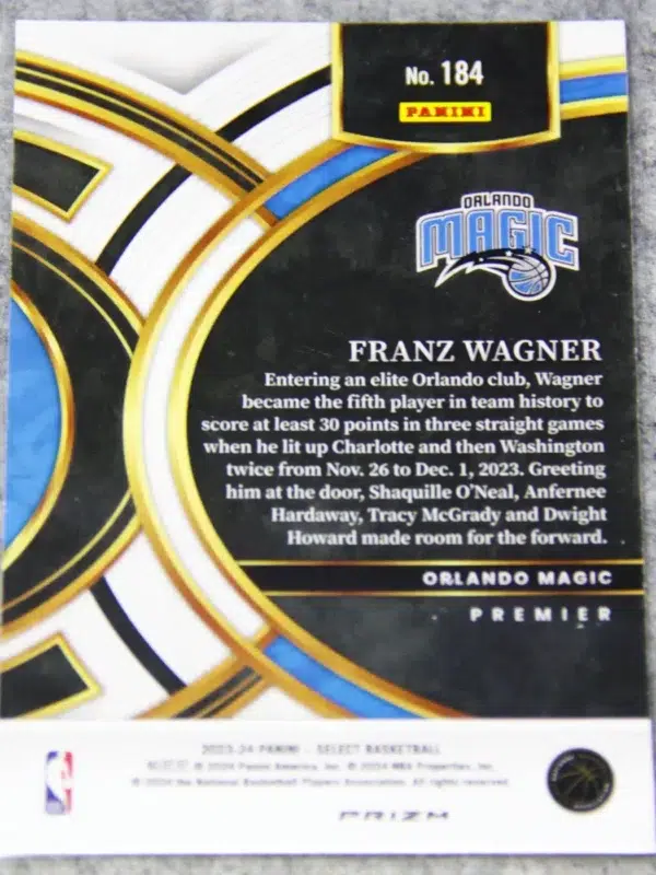 2023-24 Franz Wagner #184 Panini Select Premier Blue Cracked Ice Prizm - back