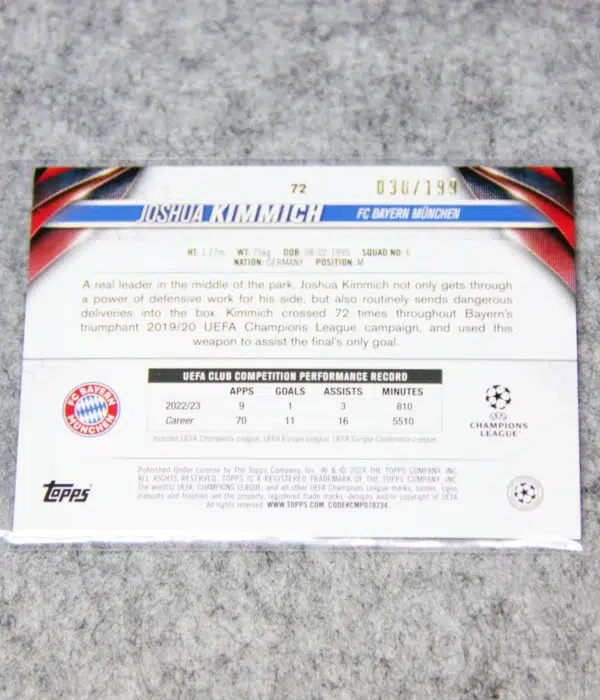 2023-24 Joshua Kimmich #72 Topps Chrome UEFA Champions League Neon Green Refractor SN30 - back