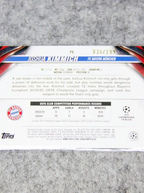 2023-24 Joshua Kimmich #72 Topps Chrome UEFA Champions League Neon Green Refractor SN30 - back