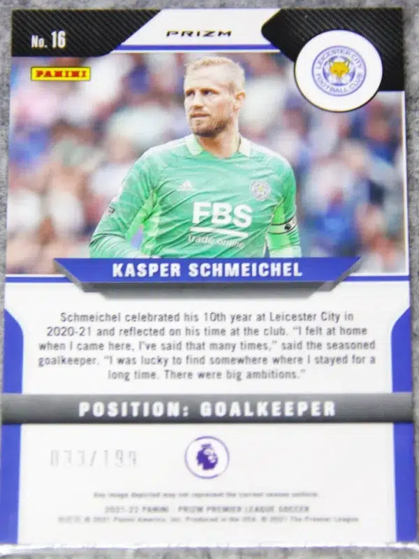 2023-24 Kasper Schmeichel #16 Panini Prizm Premier League Red Prizm SN#33 - back
