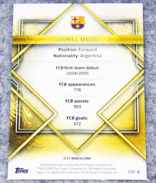 2023-24 Lionel Messi #GD-4 Topps FC Barcelona Team Set Gold Drip - back