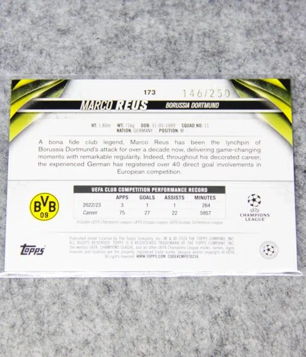 2023-24 Marco Reus #173 Topps UEFA Club Competitions Navy Blue Refractor SN#146 - back