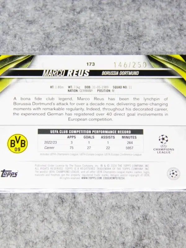 2023-24 Marco Reus #173 Topps UEFA Club Competitions Navy Blue Refractor SN#146 - back