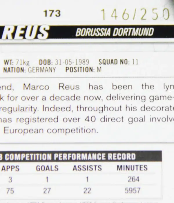 2023-24 Marco Reus #173 Topps UEFA Club Competitions Navy Blue Refractor SN#146 - detail