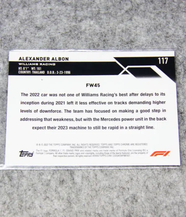 2023 Alexander Albon #117 Topps Chrome F1 Gold Wave Refractor SN#43 - back