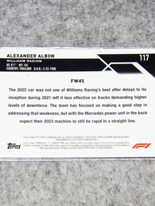 2023 Alexander Albon #117 Topps Chrome F1 Gold Wave Refractor SN#43 - back