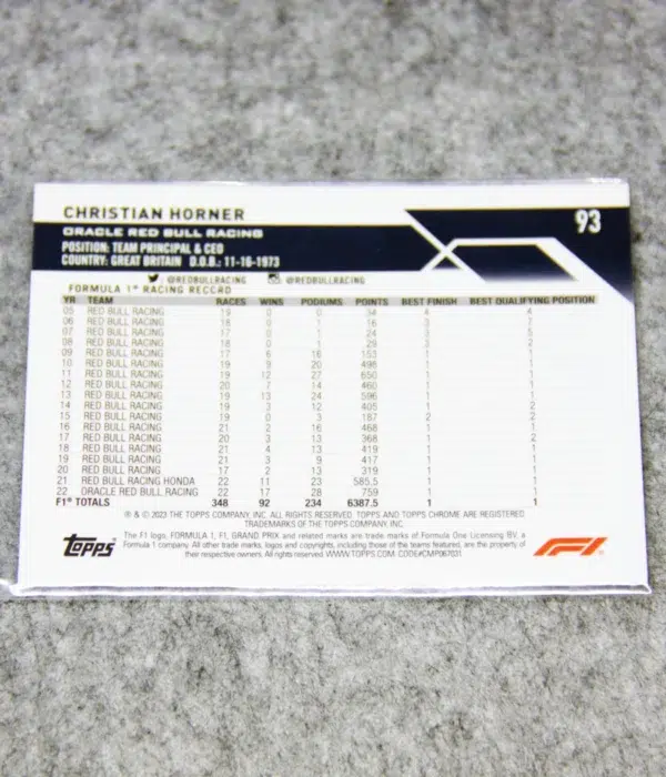 2023 Christian Horner #93 Topps Chrome F1 Purple Checker Flag Refractor SN#72 - back