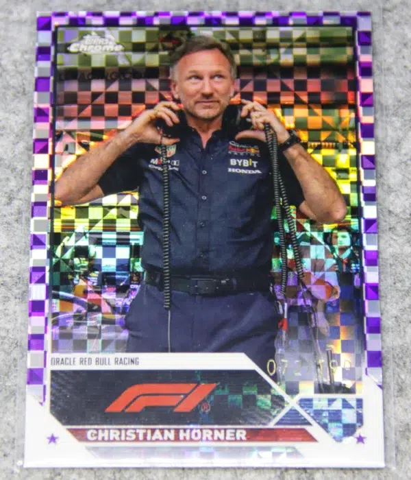 2023 Christian Horner #93 Topps Chrome F1 Purple Checker Flag Refractor SN#72 - front