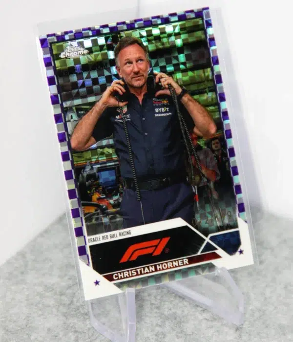 2023 Christian Horner #93 Topps Chrome F1 Purple Checker Flag Refractor SN#72 - stand