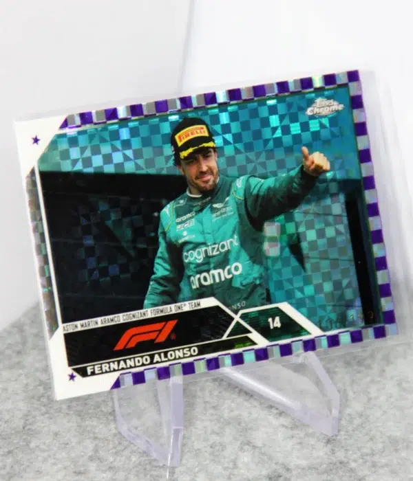 2023 Fernando Alonso #33 Topps Chrome F1 Purple Checker Flag Refractor SN#106 - stand
