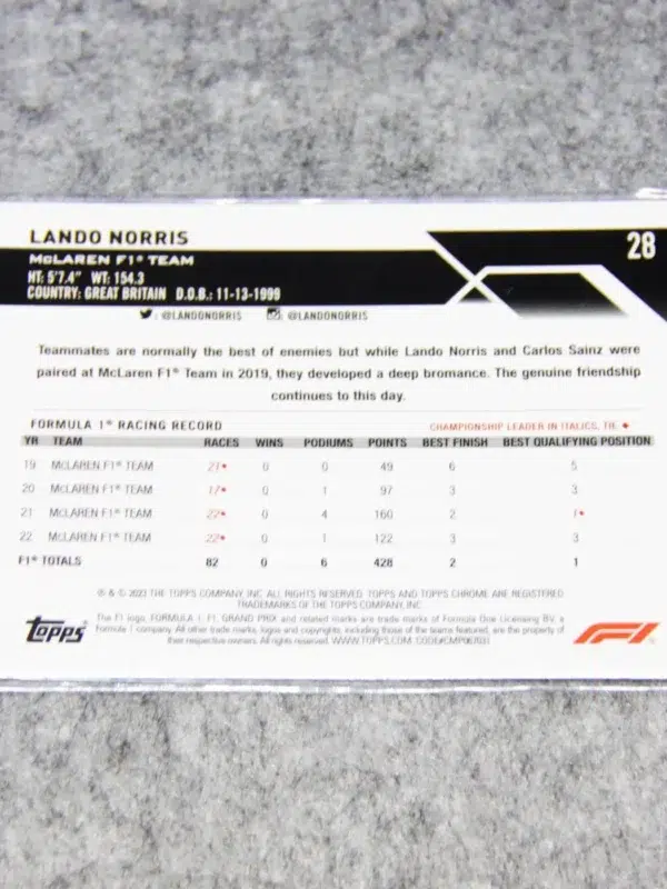 2023 Lando Norris #28 Topps Chrome F1 Purple Checker Flag Refractor SN#72 - back