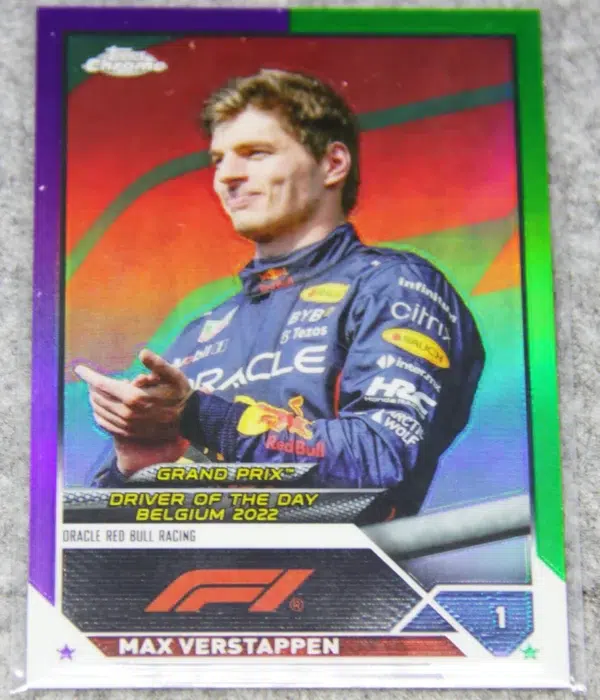 2023 Max Verstappen #179 Topps F1 Chrome Grand Prix Driver Of The Day Purple Green Refractor - front