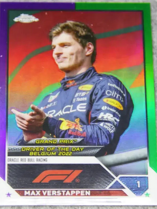 2023 Max Verstappen #179 Topps F1 Chrome Grand Prix Driver Of The Day Purple Green Refractor - front