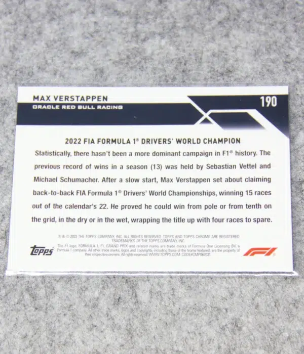 2023 Max Verstappen #190 Topps Chrome F1 Award Winners Purple Green Refractor - back