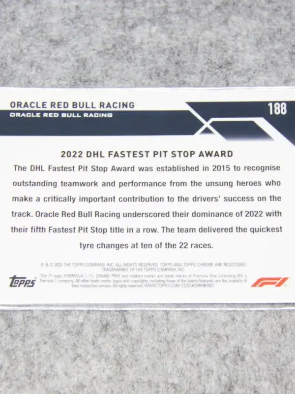 2023 Oracle Red Bull Racing #188 Topps Chrome F1 Award Winners Purple Checker Flag Refractor SN#36 - back