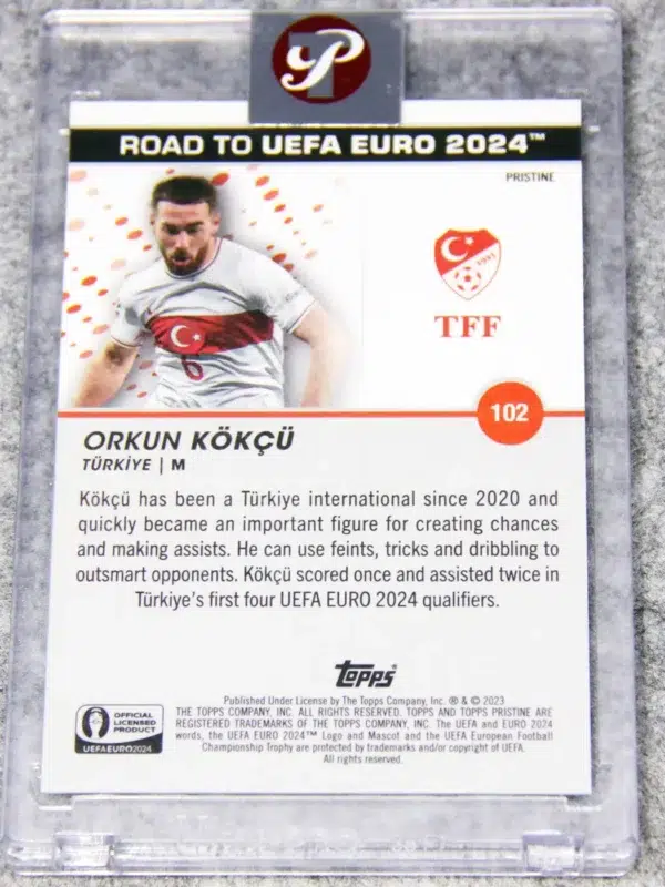 2023 Orkun Kokcu #102 Topps Pristine UEFA Road to 2024 Euro Blue Refractor SN#65 - back