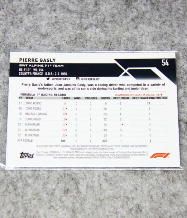 2023 Pierre Gasly #54 Topps Chrome F1 Purple Checker Flag Refractor SN#79 - back