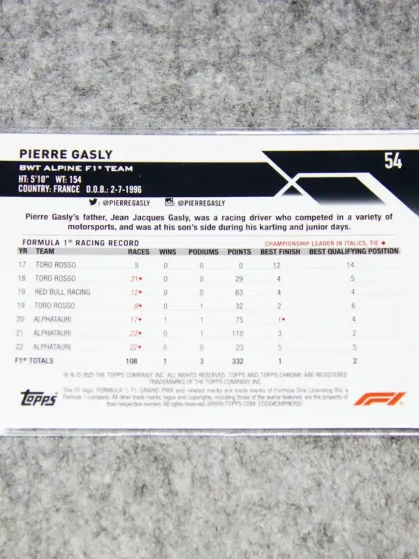 2023 Pierre Gasly #54 Topps Chrome F1 Purple Checker Flag Refractor SN#79 - back